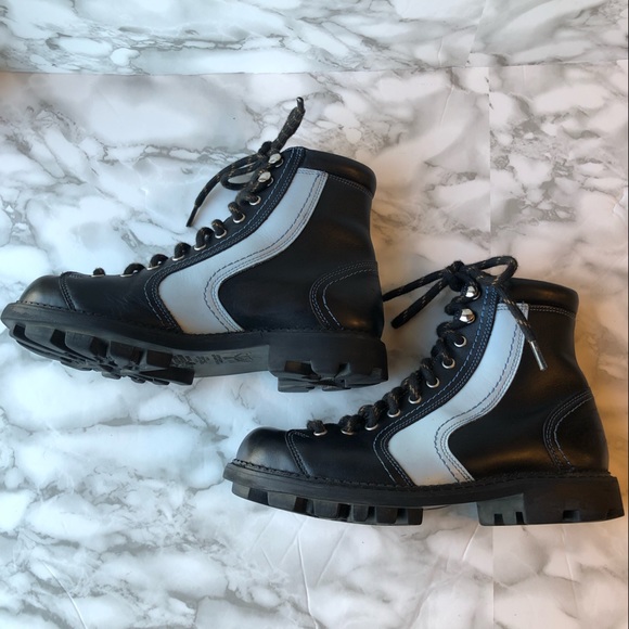 John Fluevog Black Chunky Platform Lace Up Combat Boots with Blue Angle Stripe - Picture 7 of 16